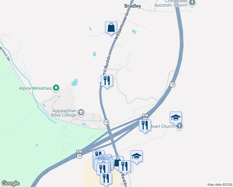 map of restaurants, bars, coffee shops, grocery stores, and more near 228 Appalachian Heights Road in Mount Hope