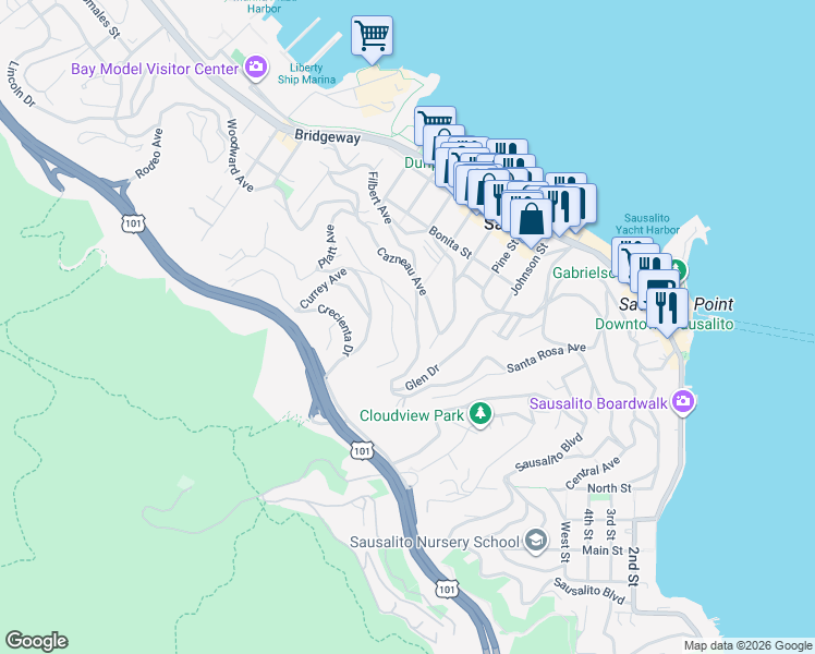 map of restaurants, bars, coffee shops, grocery stores, and more near 61 George Lane in Sausalito
