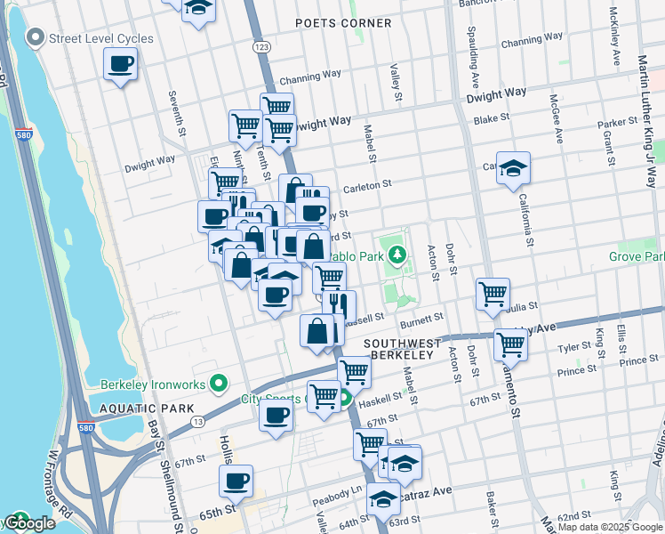 map of restaurants, bars, coffee shops, grocery stores, and more near 2728 Wallace Street in Berkeley