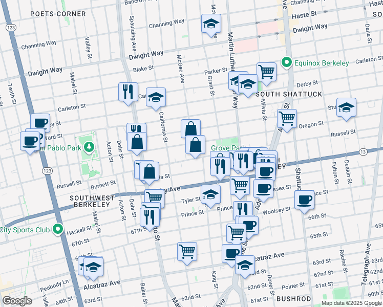 map of restaurants, bars, coffee shops, grocery stores, and more near 1638 Russell Street in Berkeley