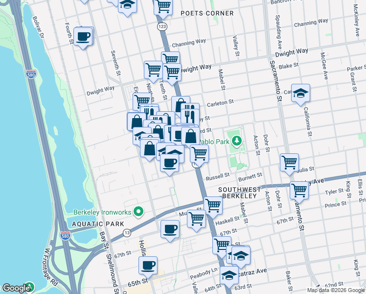 map of restaurants, bars, coffee shops, grocery stores, and more near 2807 Tenth Street in Berkeley