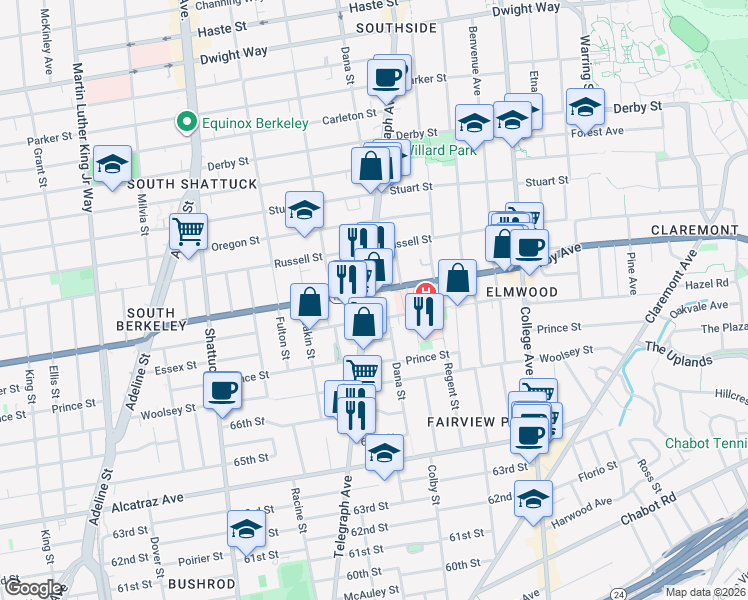 map of restaurants, bars, coffee shops, grocery stores, and more near 3001 Telegraph Avenue in Berkeley