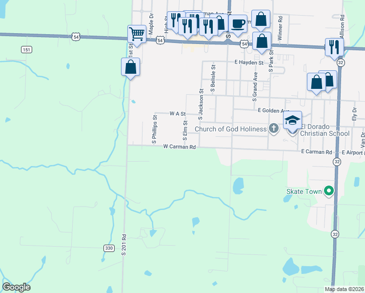 map of restaurants, bars, coffee shops, grocery stores, and more near 310 West Carman Road in El Dorado Springs