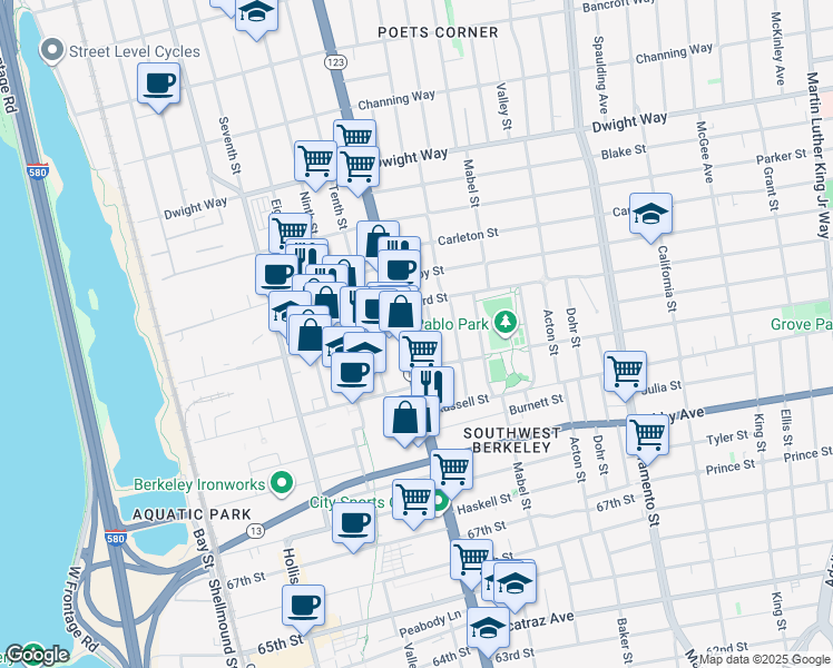 map of restaurants, bars, coffee shops, grocery stores, and more near 2809 San Pablo Avenue in Berkeley