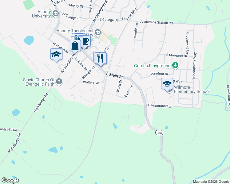 map of restaurants, bars, coffee shops, grocery stores, and more near 120 High Street in Wilmore