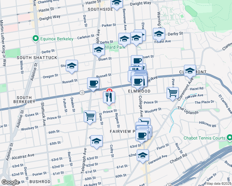 map of restaurants, bars, coffee shops, grocery stores, and more near 2510 Webster Street in Berkeley