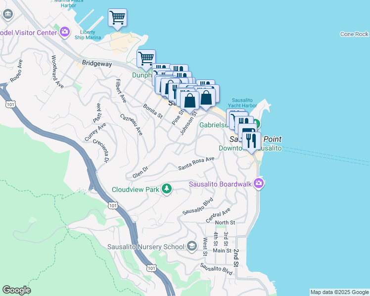 map of restaurants, bars, coffee shops, grocery stores, and more near 21 Glen Court in Sausalito