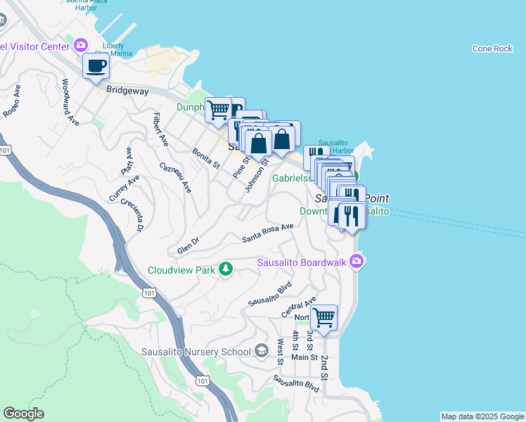 map of restaurants, bars, coffee shops, grocery stores, and more near 195 San Carlos Avenue in Sausalito