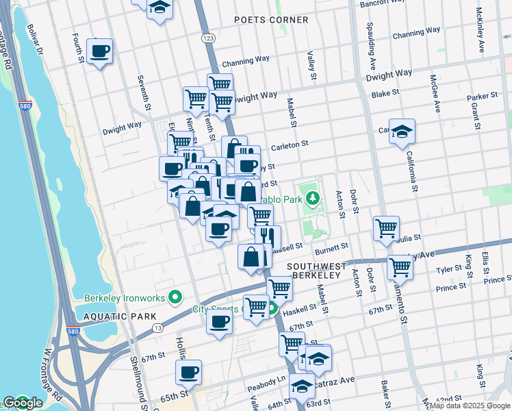 map of restaurants, bars, coffee shops, grocery stores, and more near 2747 San Pablo Avenue in Berkeley