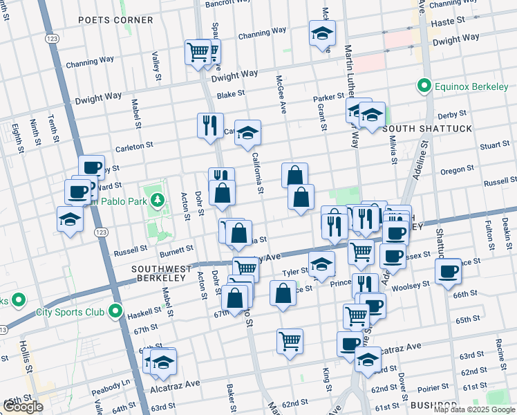 map of restaurants, bars, coffee shops, grocery stores, and more near 1590 Oregon Street in Berkeley