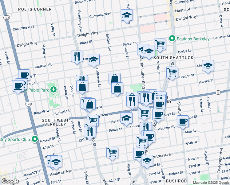 map of restaurants, bars, coffee shops, grocery stores, and more near 1638 Russell Street in Berkeley