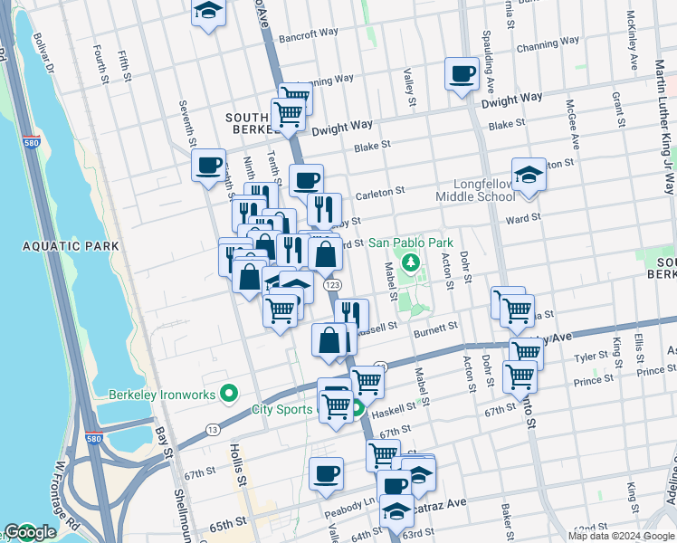 map of restaurants, bars, coffee shops, grocery stores, and more near 2809 San Pablo Avenue in Berkeley