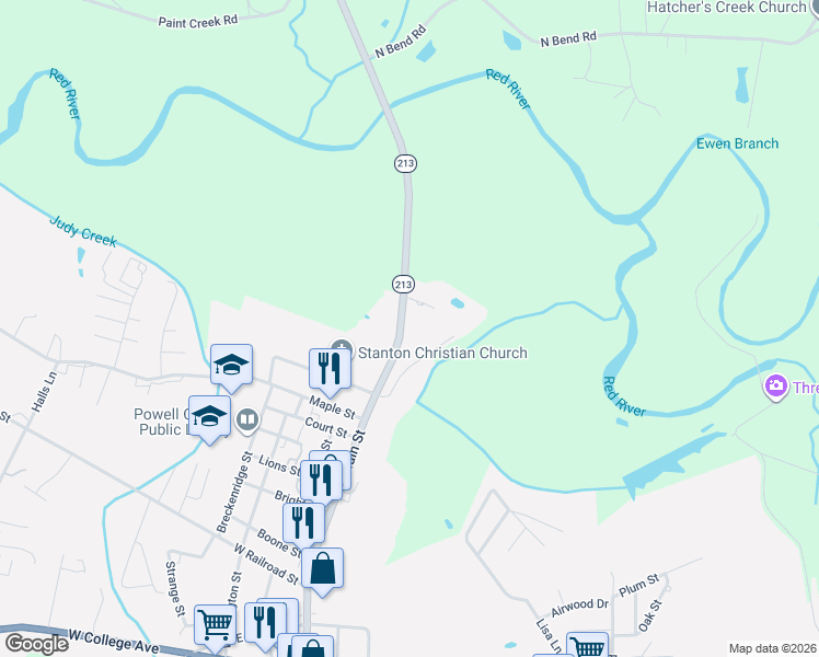 map of restaurants, bars, coffee shops, grocery stores, and more near 722 North Main Street in Stanton