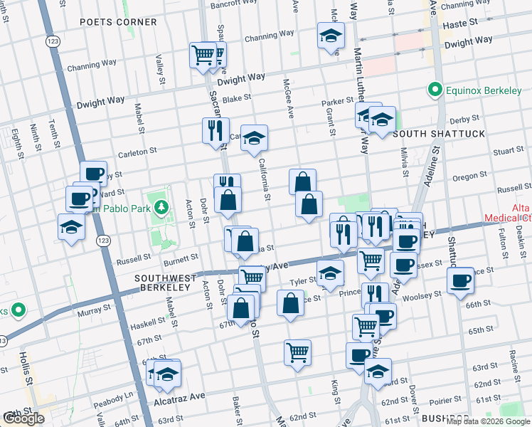 map of restaurants, bars, coffee shops, grocery stores, and more near 1590 Oregon Street in Berkeley