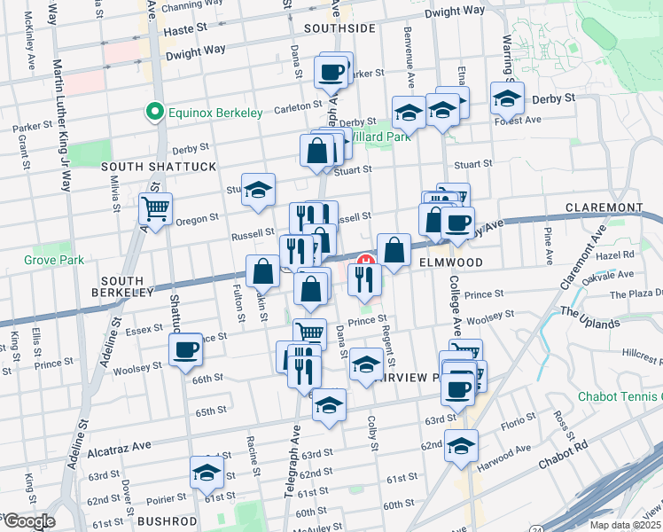 map of restaurants, bars, coffee shops, grocery stores, and more near 2418 Ashby Avenue in Berkeley