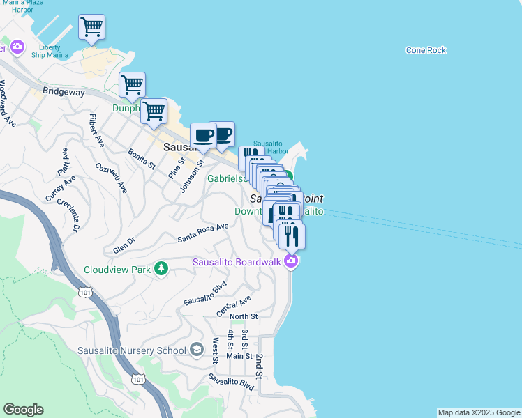 map of restaurants, bars, coffee shops, grocery stores, and more near 120 Bulkley Avenue in Sausalito