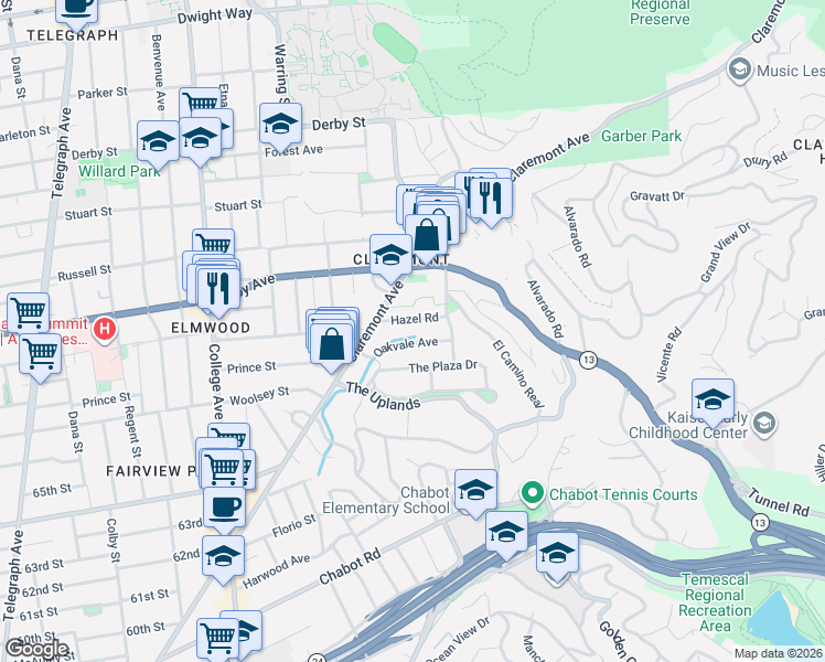 map of restaurants, bars, coffee shops, grocery stores, and more near 34 Oakvale Avenue in Berkeley