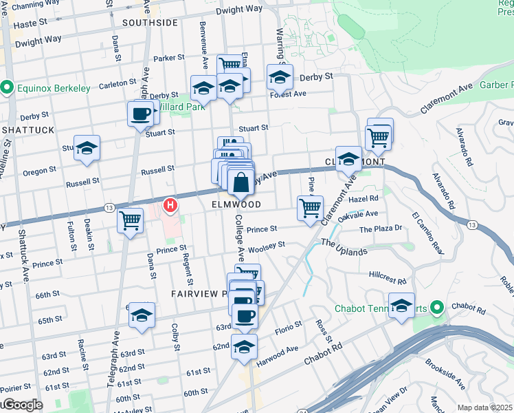 map of restaurants, bars, coffee shops, grocery stores, and more near 2723 Webster Street in Berkeley