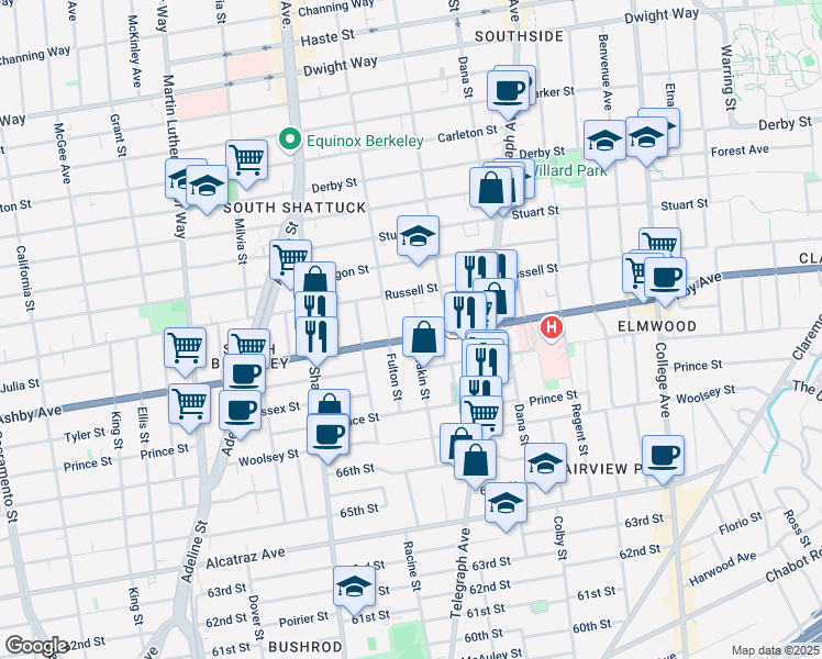 map of restaurants, bars, coffee shops, grocery stores, and more near 3009 Deakin Street in Berkeley