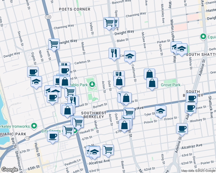 map of restaurants, bars, coffee shops, grocery stores, and more near 2804 Dohr Street in Berkeley