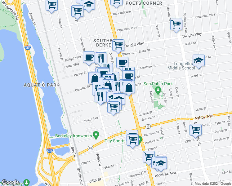 map of restaurants, bars, coffee shops, grocery stores, and more near 950 Grayson Street in Berkeley