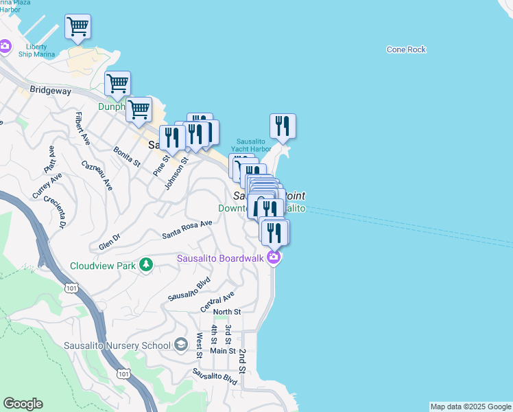 map of restaurants, bars, coffee shops, grocery stores, and more near 690 Bridgeway in Sausalito