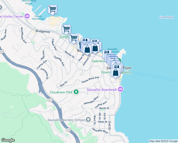 map of restaurants, bars, coffee shops, grocery stores, and more near 174 San Carlos Avenue in Sausalito