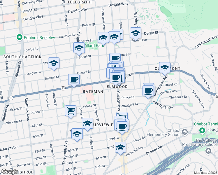 map of restaurants, bars, coffee shops, grocery stores, and more near 2960 Benvenue Avenue in Berkeley