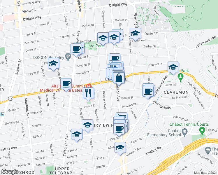 map of restaurants, bars, coffee shops, grocery stores, and more near 2960 Benvenue Avenue in Berkeley