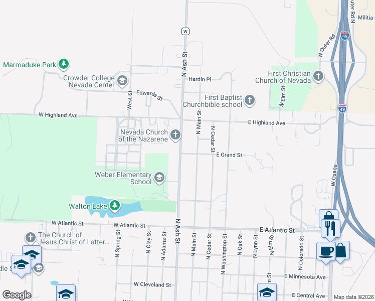 map of restaurants, bars, coffee shops, grocery stores, and more near 1630 North Ash Street in Nevada