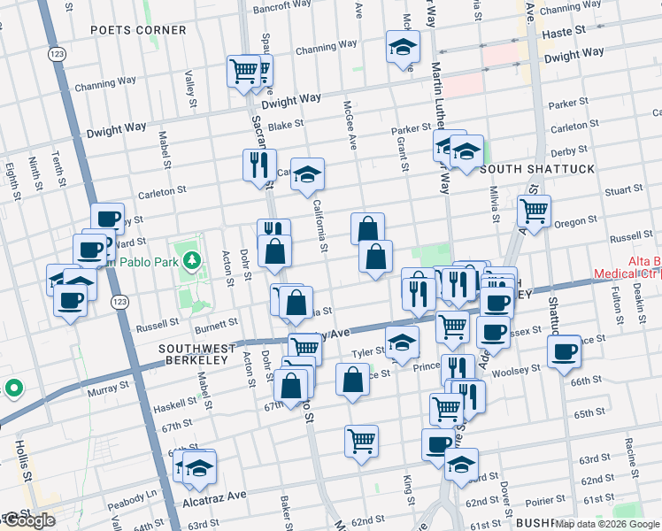 map of restaurants, bars, coffee shops, grocery stores, and more near 1603 Russell Street in Berkeley