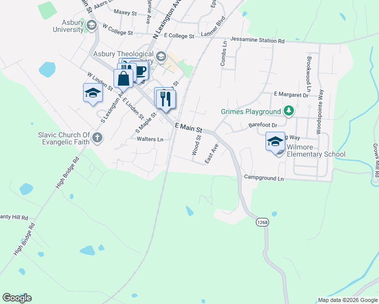 map of restaurants, bars, coffee shops, grocery stores, and more near 120 High Street in Wilmore