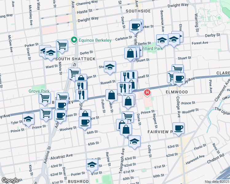 map of restaurants, bars, coffee shops, grocery stores, and more near 3009 Deakin Street in Berkeley