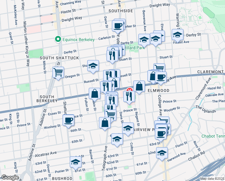 map of restaurants, bars, coffee shops, grocery stores, and more near Ashby Ave & Telegraph Ave in Berkeley