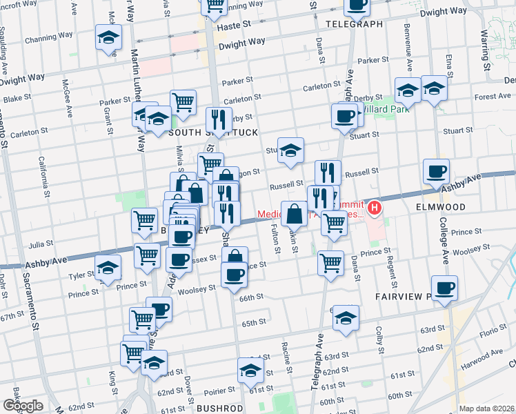 map of restaurants, bars, coffee shops, grocery stores, and more near 2923 Wheeler Street in Berkeley
