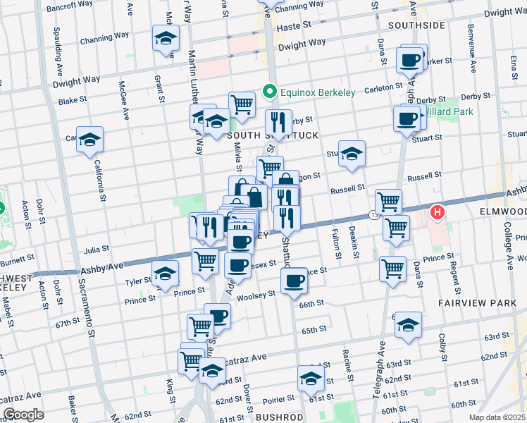 map of restaurants, bars, coffee shops, grocery stores, and more near 2041 Ashby Avenue in Berkeley
