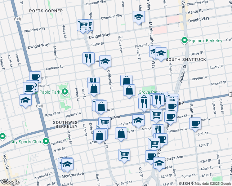 map of restaurants, bars, coffee shops, grocery stores, and more near 1603 Russell Street in Berkeley