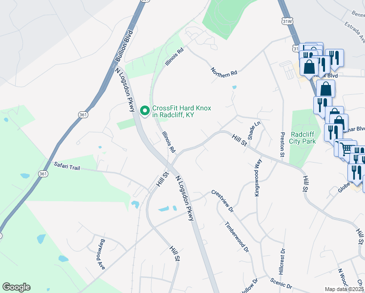 map of restaurants, bars, coffee shops, grocery stores, and more near 1430 North Logsdon Parkway in Radcliff