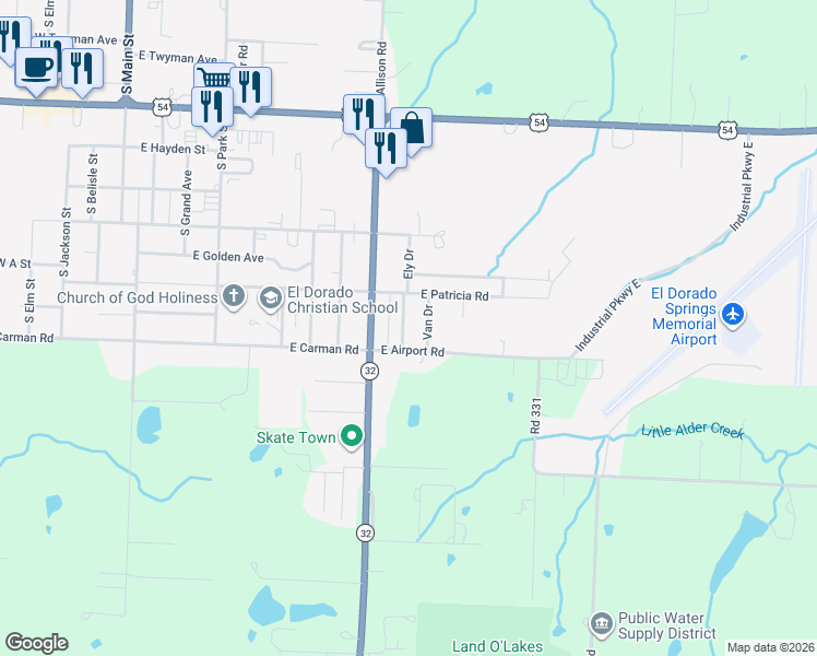map of restaurants, bars, coffee shops, grocery stores, and more near 1707 Witt Drive in El Dorado Springs