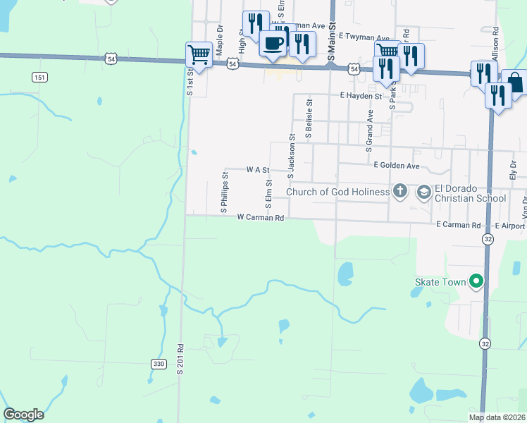 map of restaurants, bars, coffee shops, grocery stores, and more near 300-310 West Carman Road in El Dorado Springs