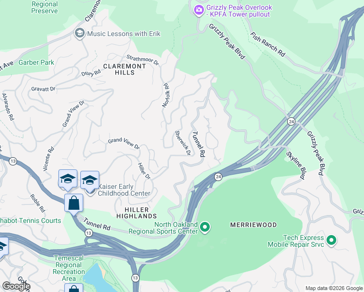 map of restaurants, bars, coffee shops, grocery stores, and more near 6839 Sherwick Drive in Berkeley