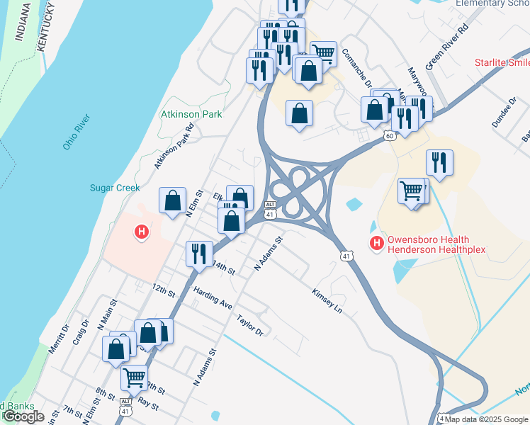 map of restaurants, bars, coffee shops, grocery stores, and more near 3497 U.S. 60 in Henderson