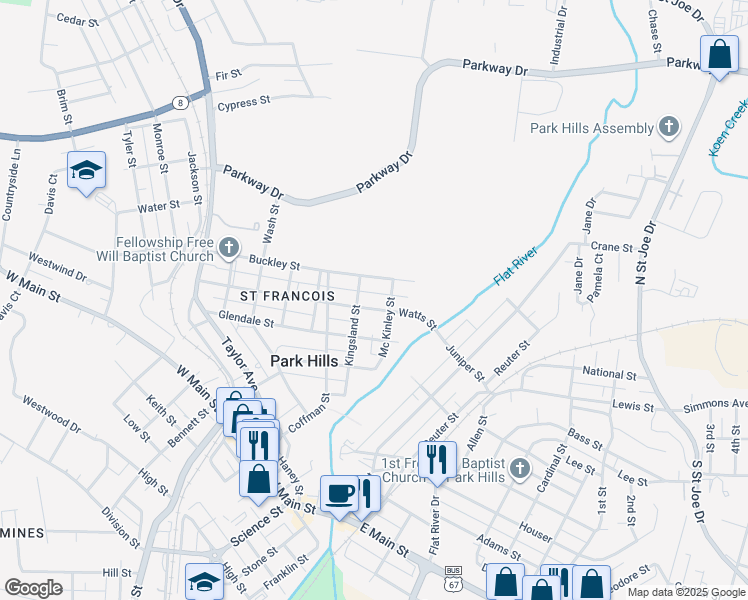 map of restaurants, bars, coffee shops, grocery stores, and more near 115 Buckley Street in Park Hills