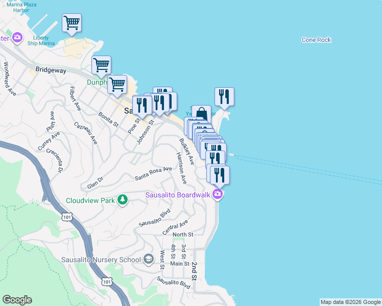 map of restaurants, bars, coffee shops, grocery stores, and more near 801 Bridgeway in Sausalito