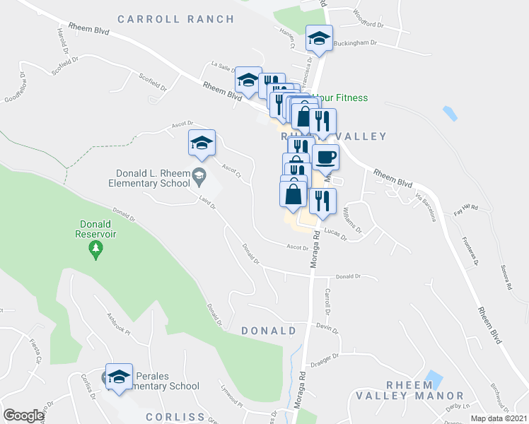 map of restaurants, bars, coffee shops, grocery stores, and more near 2039 Ascot Drive in Moraga