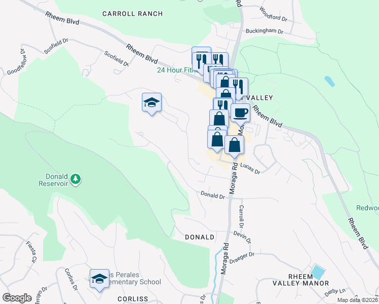 map of restaurants, bars, coffee shops, grocery stores, and more near 2039 Ascot Drive in Moraga