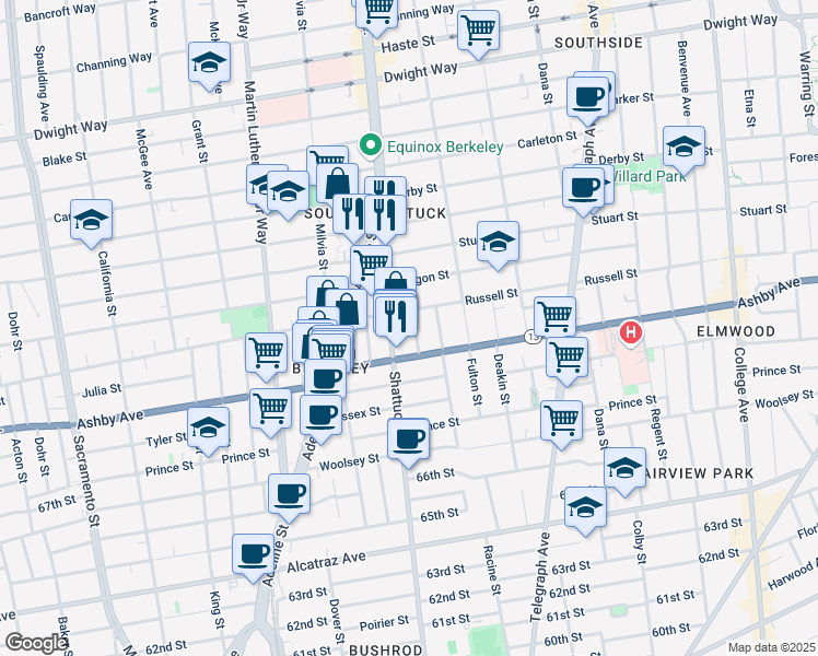 map of restaurants, bars, coffee shops, grocery stores, and more near 2847 Shattuck Avenue in Berkeley