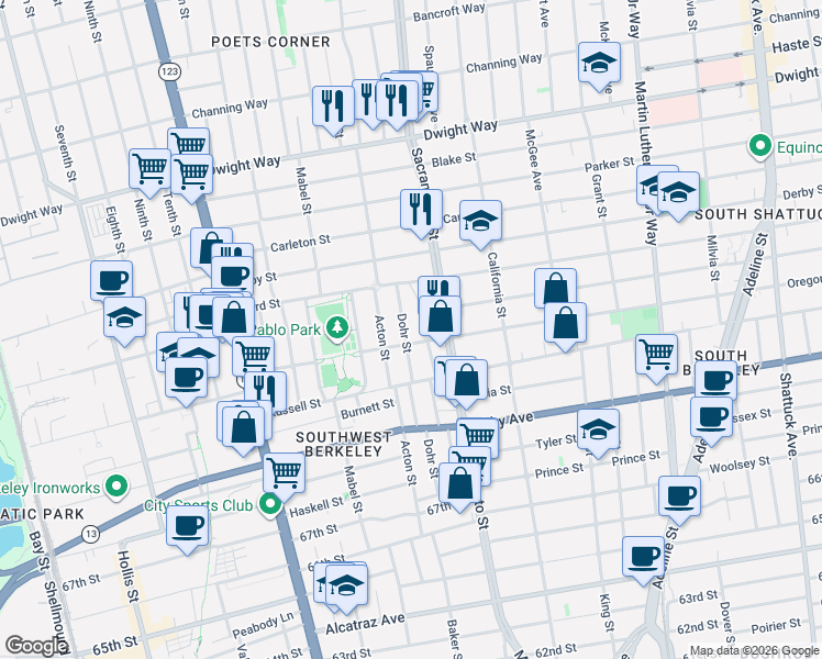 map of restaurants, bars, coffee shops, grocery stores, and more near 2751 Dohr Street in Berkeley