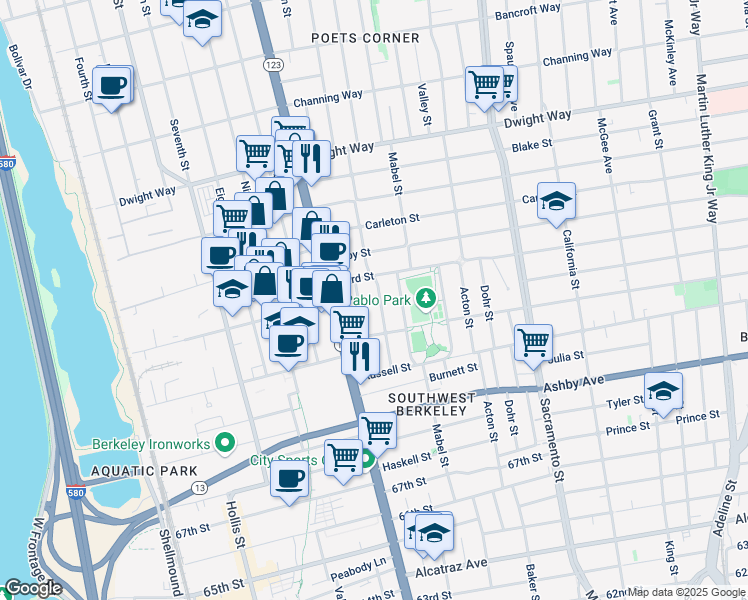 map of restaurants, bars, coffee shops, grocery stores, and more near 2725 Mathews Street in Berkeley