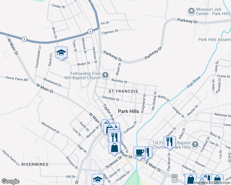 map of restaurants, bars, coffee shops, grocery stores, and more near 603 Washington Street in Park Hills